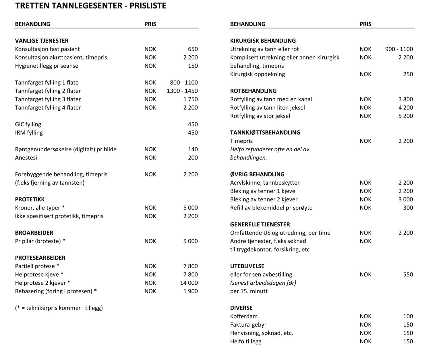 Prisliste 2022 - Tretten Tannlegesenter